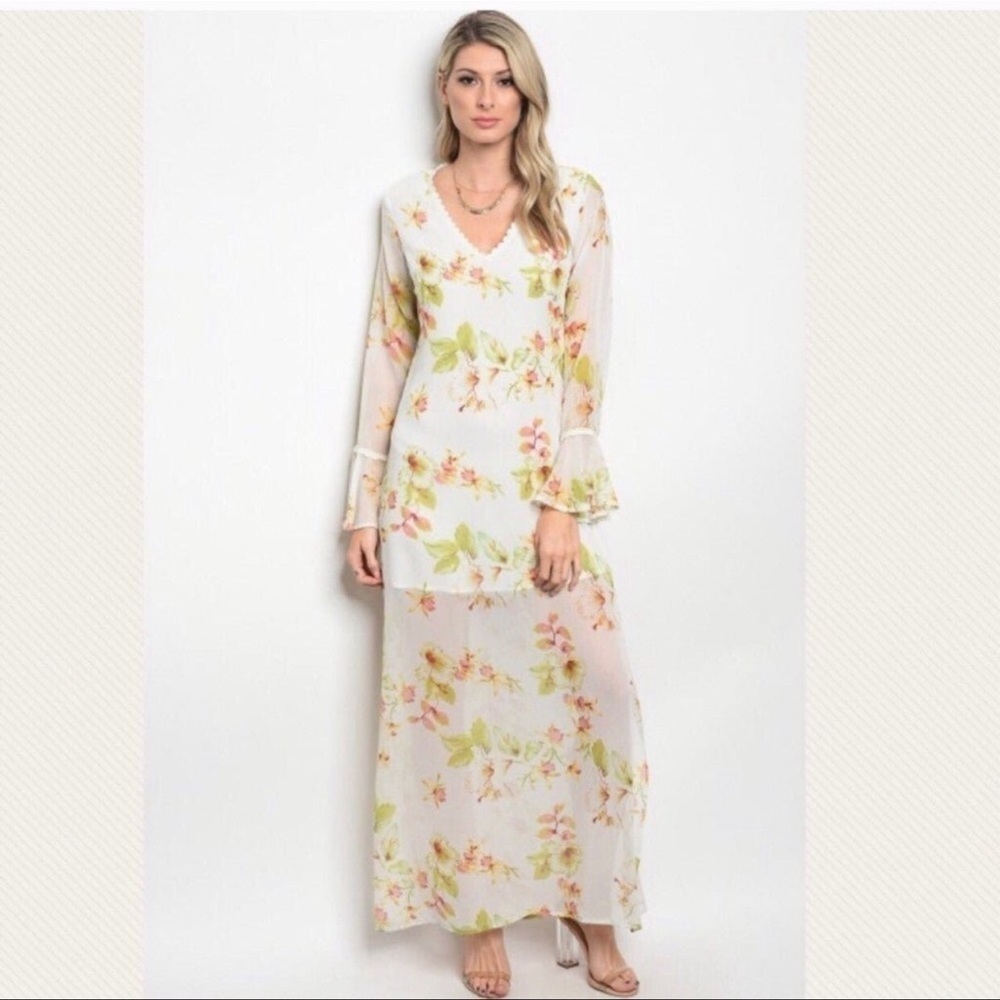 Grifflin Paris White V-Neck Bishop Sleeve Maxi Gown spring summer party